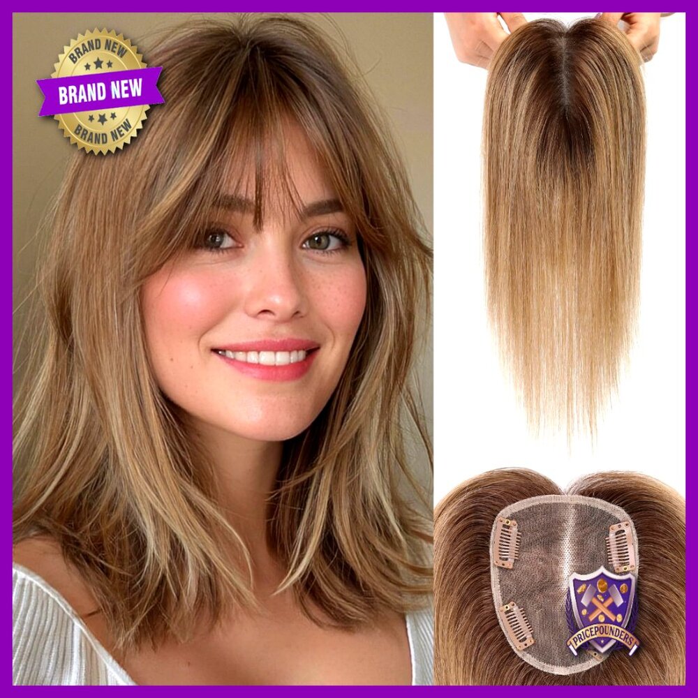 Human Hair Topper With Bangs Hand-Woven Breathable Base Elegant Chic